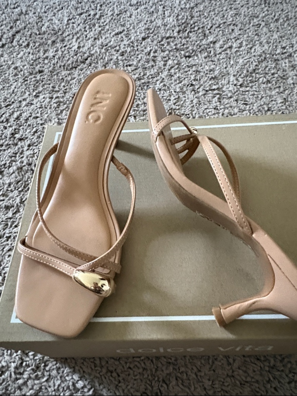 INC International Concepts Nude Strappy Slide Sandals with Gold Accent